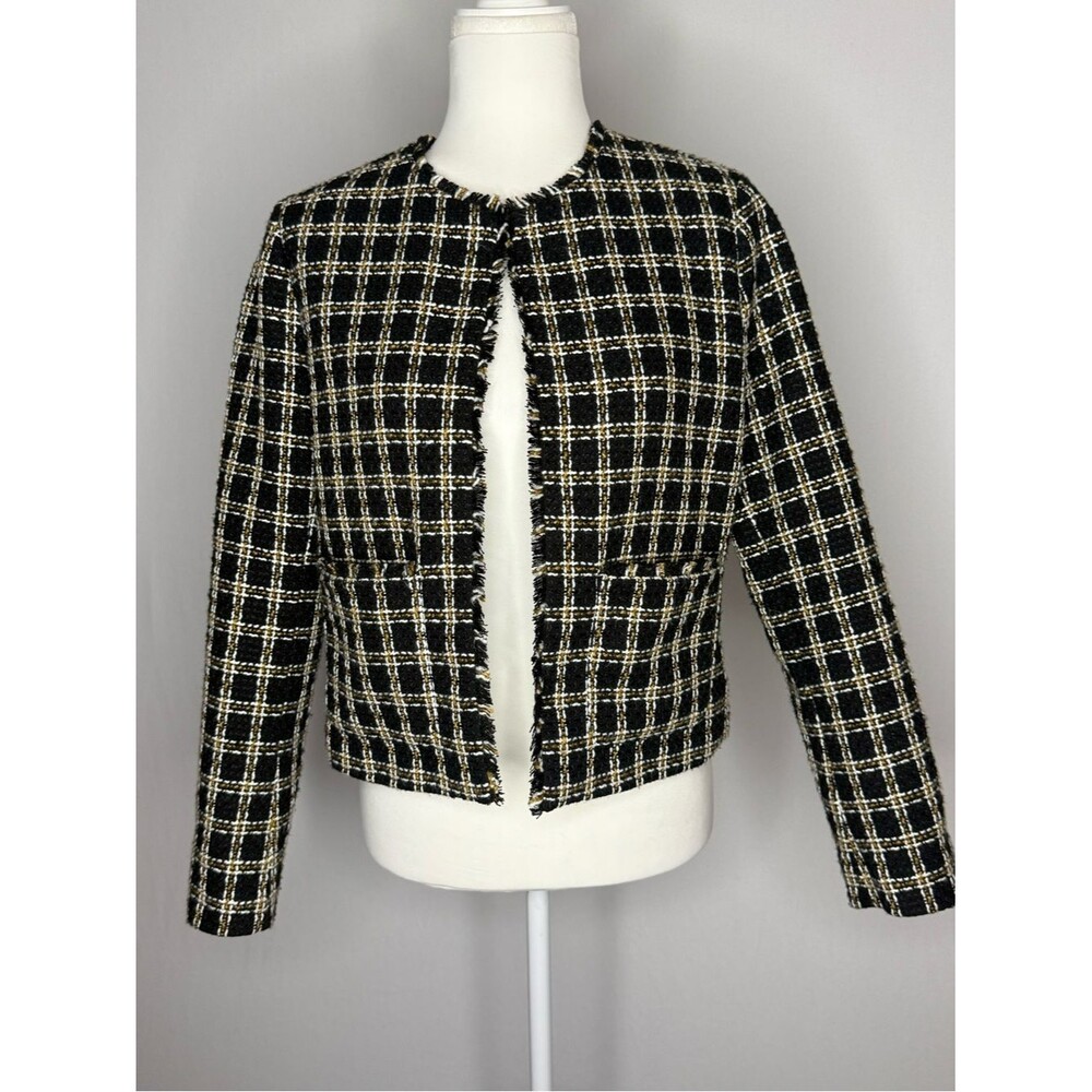 LOFT Black White and Gold Tweed Fringe Open-Front Jacket